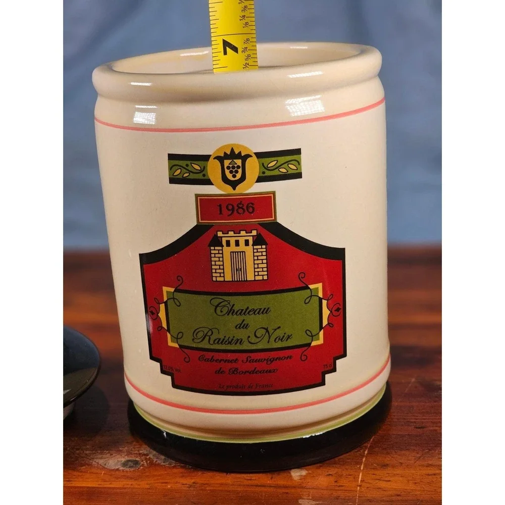 Vintage OGGI French Wine Label Ceramic Canister With Lid 9 In